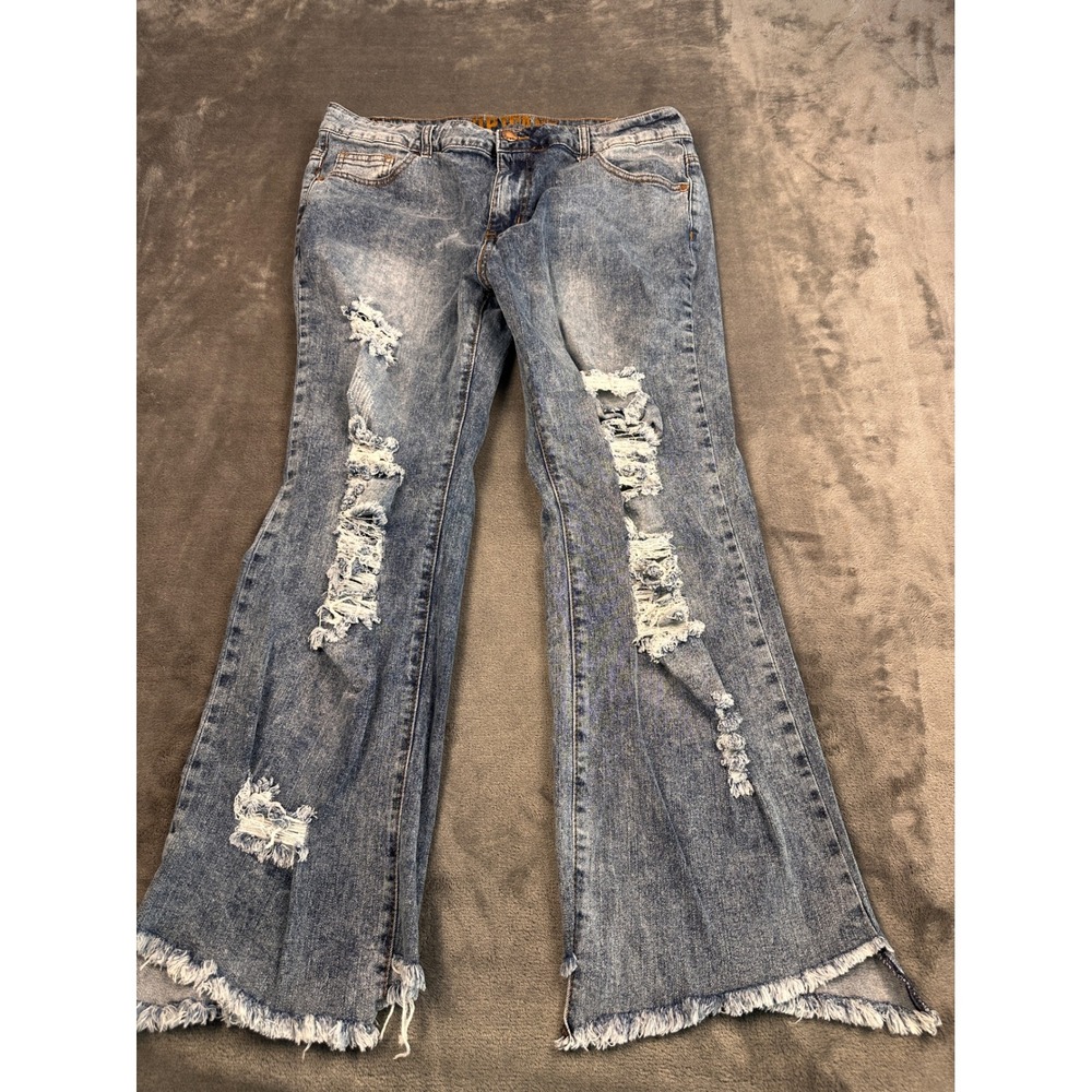 VIP Jeans Women Distressed Flare Leg Denim Medium Wash Size 15/16 Raw Hem